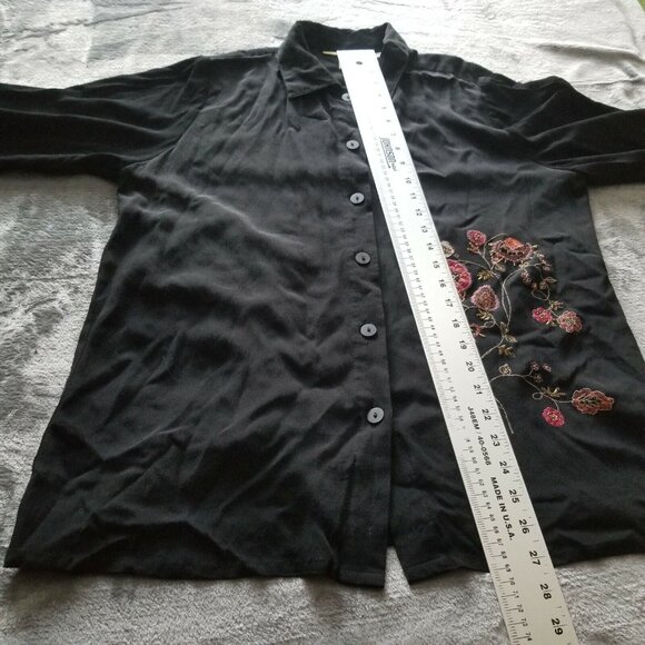 Asian Creations Womens Small Button Down Top Long Sleeve Floral Embroidery Black - Picture 6 of 7